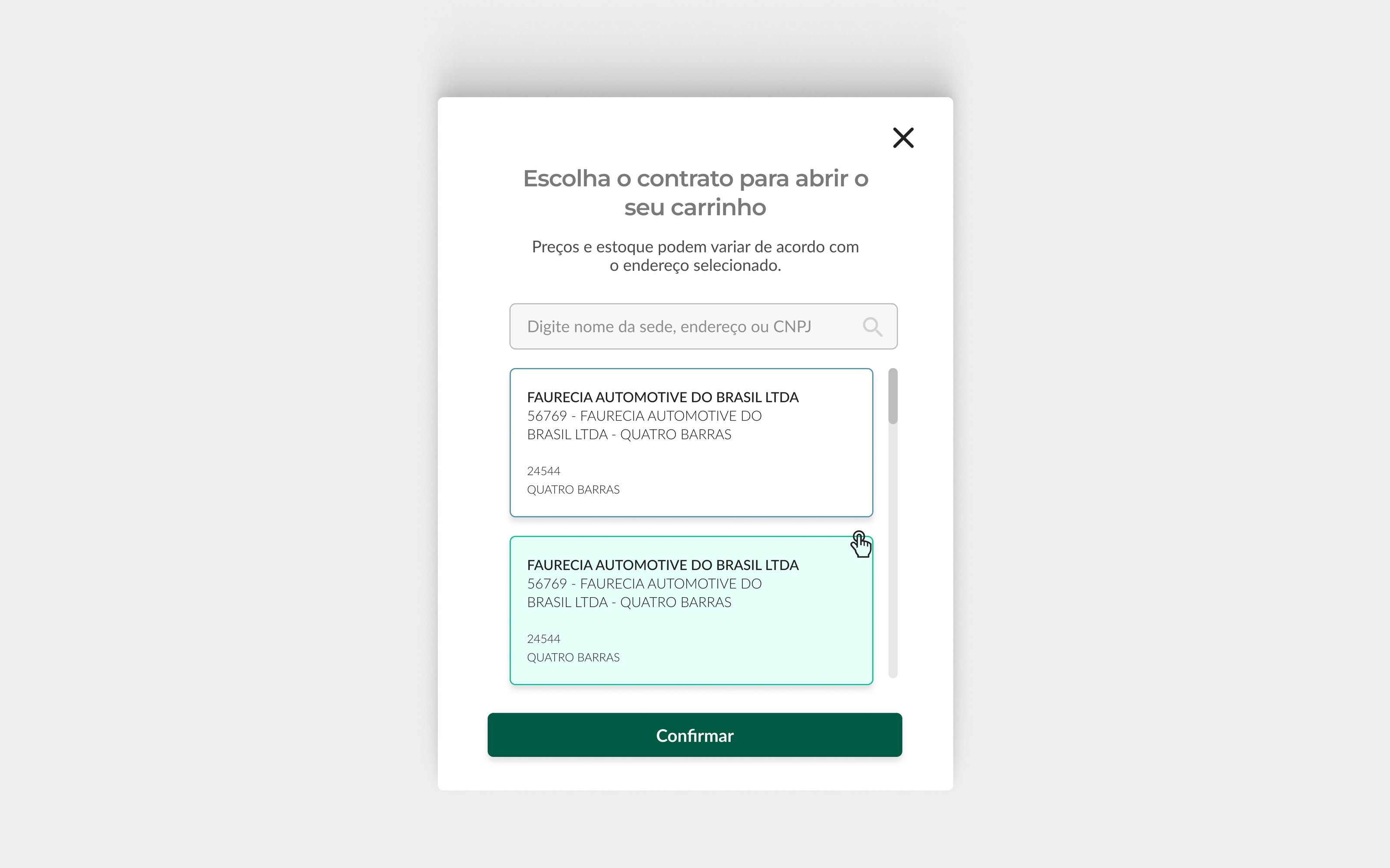 Tela - Seleção de unidade e contrato