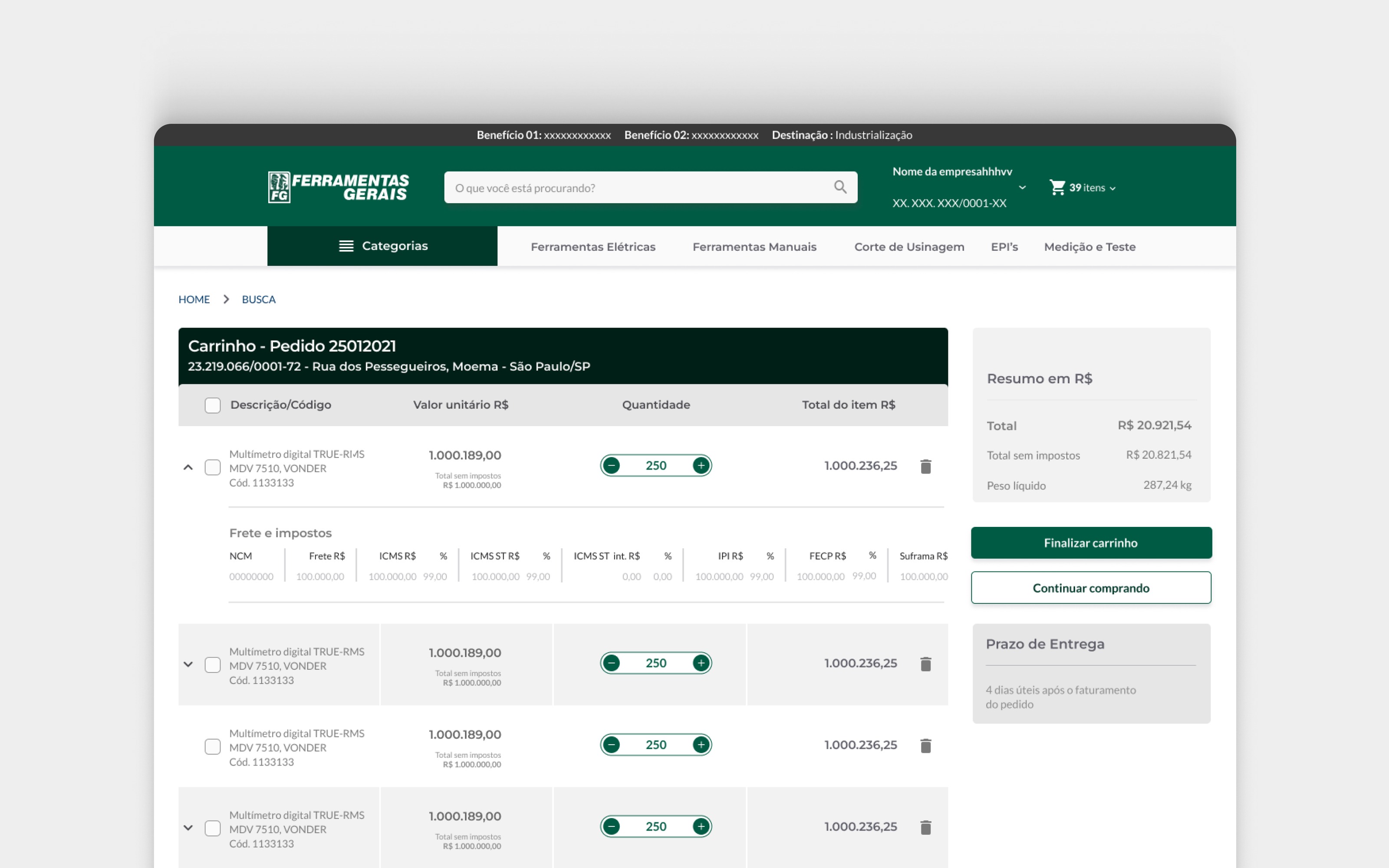 Tela - Checkout com imposto detalhado