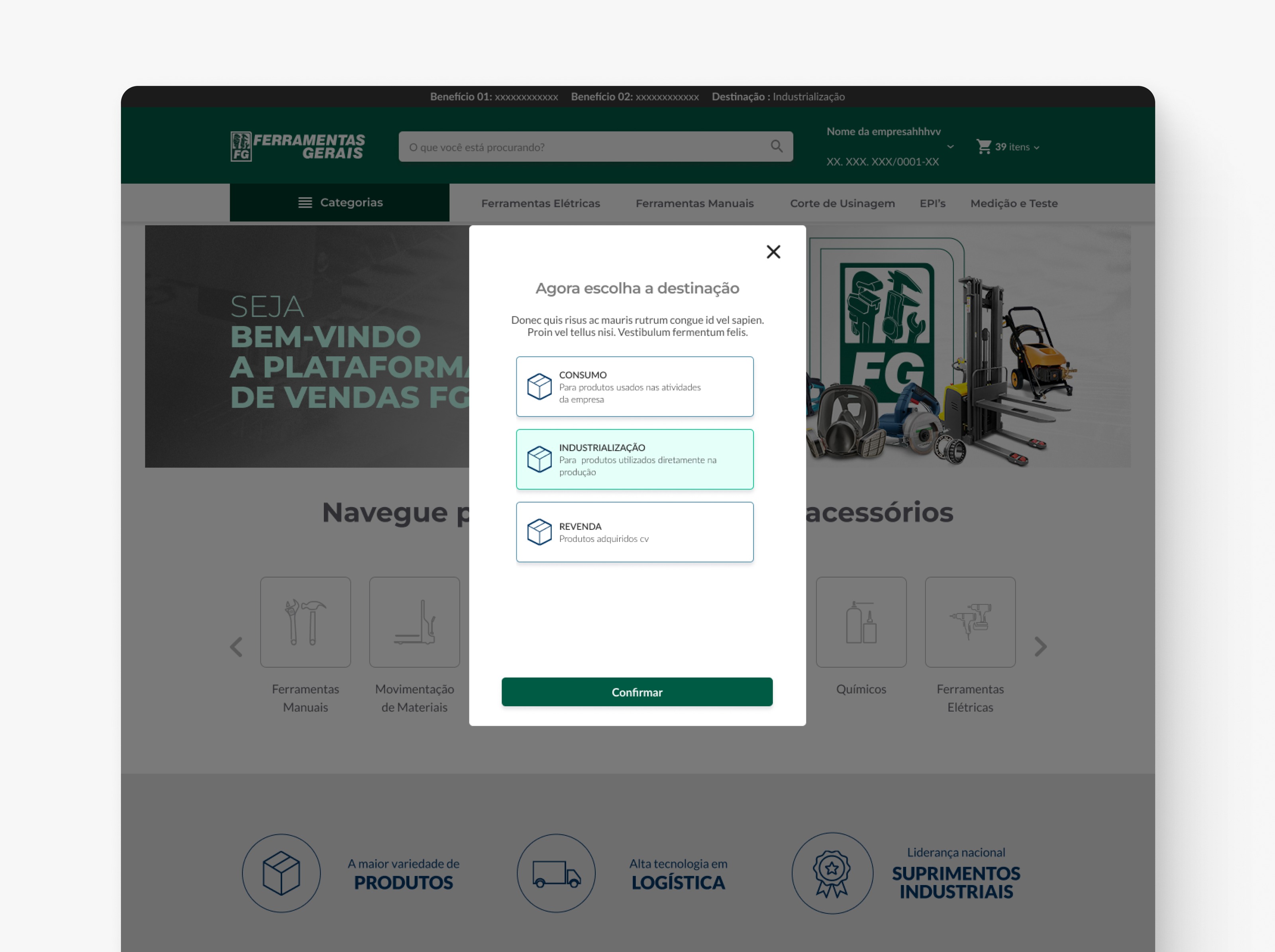 Depois - modal de seleção de unidade aberto